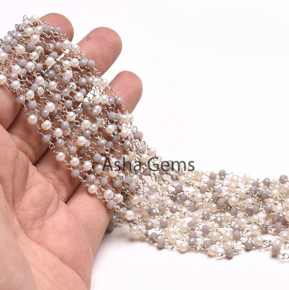 Pearl Grey Moonstone Hydro Beads Rosary Chain 3mm Faceted Rondelle Beads Silver Plated Wire Wrapped Chains Jewelry Making Finding Chain SALE