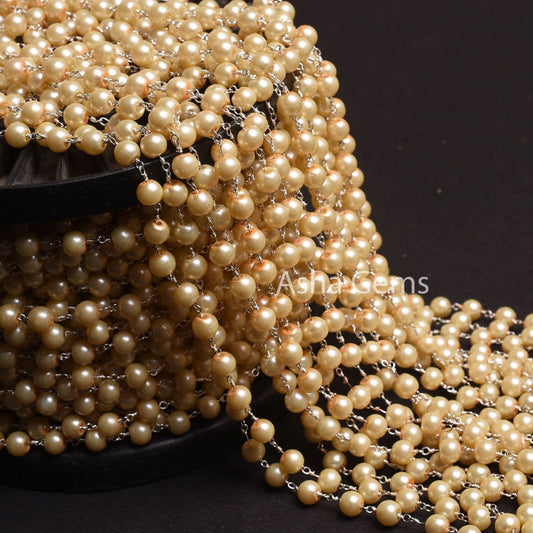 6 mm Beautiful Milky Pearl Hydro smooth Beads Rosary Chain By Feet Silver, Gold Plated Pearl Wire Wrap Beaded Handmade Chain Jewelry Makings