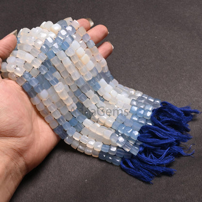 Beautiful Chalcedony Faceted 3D Cube Box Gemstone Beads,8" Shaded White Blue Chalcedony Box Shape Indian Cut Chalcedony Beads Jewelry Crafts