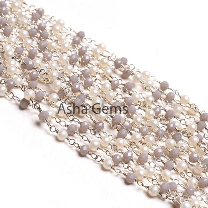 Pearl Grey Moonstone Hydro Beads Rosary Chain 3mm Faceted Rondelle Beads Silver Plated Wire Wrapped Chains Jewelry Making Finding Chain SALE