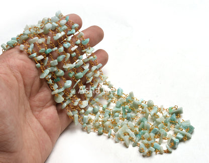 Natural Amazonite Uncut Chip Beads Rosary Chain By Foot Gold Plated Wire Wrap Nuggets Beaded handmade Chain Jewelry Necklace Making Crafts