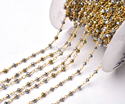 1,3,5,10 Ft, Silver Pyrite Hydro Faceted Rondelle Beaded Rosary Chain Gold Plated Wire Jewelry Making Finding,3-3.5mm Pyrite Hydro Chain