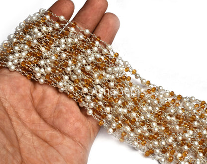 Beautiful White Pearl Brown Quartz Hydro Beads Rosary Chain,3mm Silver Plated Wire Wrap Beaded Handmade Rosary Chain Jewelry Handicraft SALE
