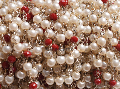 Pearl Red Ruby Hydro Rondelle Beads Rosary Chain, Silver Plated Wire Bulk Roll Multi Color Chain,3,10,50 Foot Chain For jewelry Making Craft