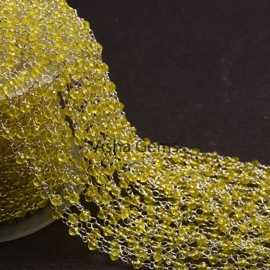AAA Lemon Quartz Hydro Micro Cut Beads Rosary Chain,3mm Silver Plated wire Wrap Rondelle Beaded handmade Chain Jewelry making Necklace Craft