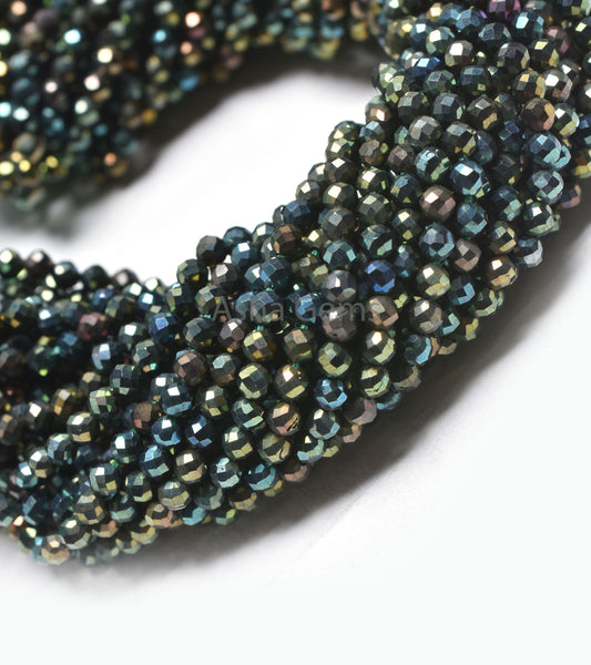 2.5mm AAA Black Spinel Green Mystic Coated Micro Cut Beads, Black Spinel Coated Faceted Rondelle Beads Machine Cut, Spinel Bead Jewelry SALE