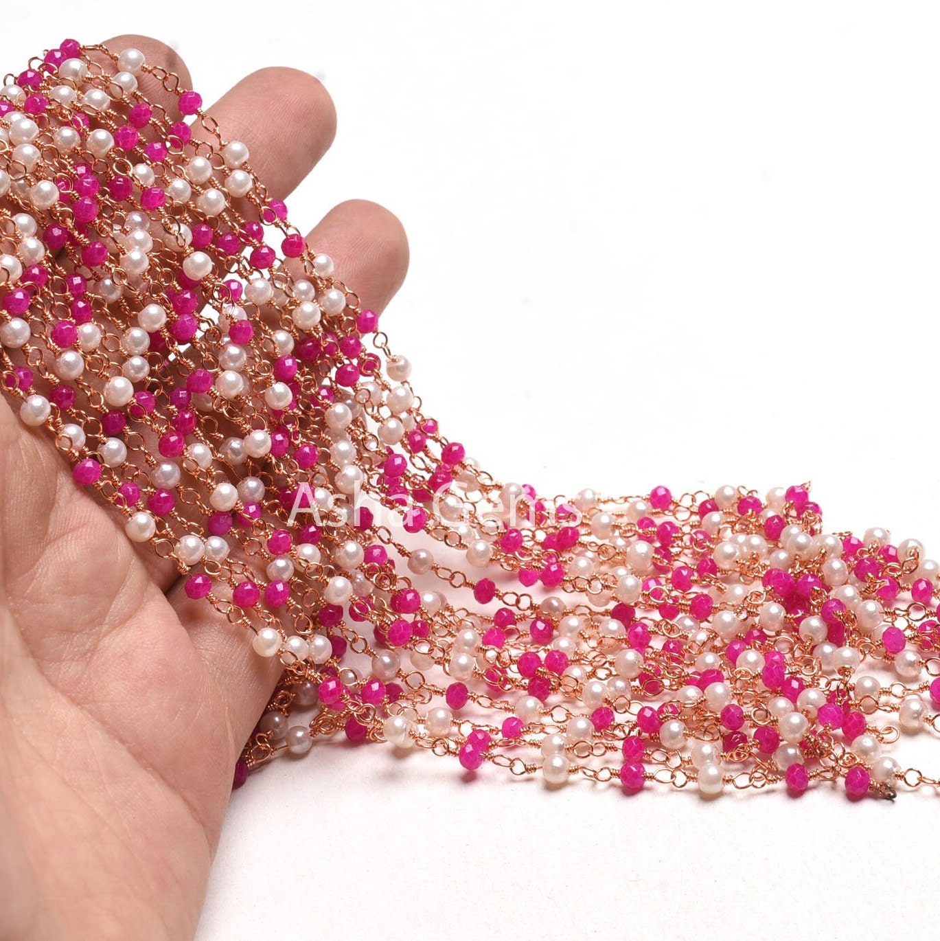 Beautiful White Pearl Pink Chalcedony Hydro Beads Rosary Chain,3 mm Faceted Beaded Chain Rose Gold Plated Wire Wrap Chains Jewelry Necklace