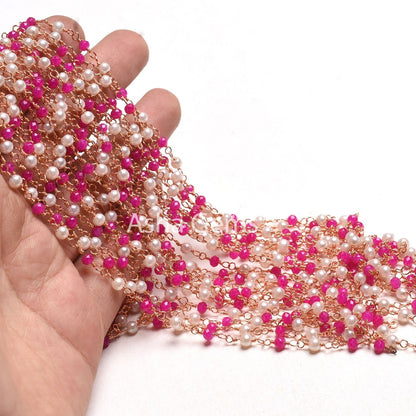 Beautiful White Pearl Pink Chalcedony Hydro Beads Rosary Chain,3 mm Faceted Beaded Chain Rose Gold Plated Wire Wrap Chains Jewelry Necklace