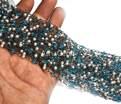 White Pearl, Blue Topaz Hydro Beads Rosary Chain Black Plated Wire Wrap Chain Faceted Rondelle Beaded Chain Jewelry Making Finding Chain DIY