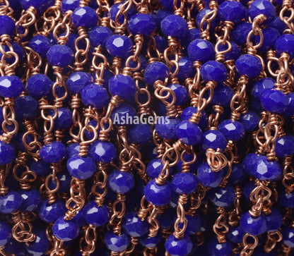 Beautiful Blue Lapis Hydro Rondelle Faceted Beads Rosary Chain,3 mm Rose Gold Plated Copper Wire Wrap Beaded Handmade Chain Jewelry makings