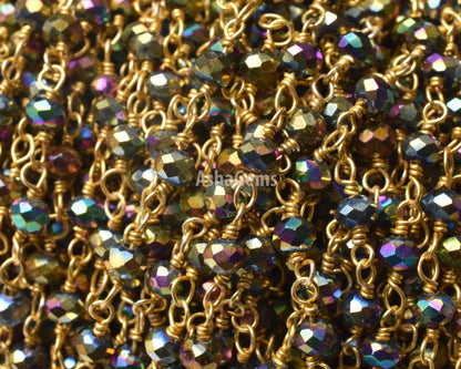 Beautiful Mystic Pyrite Hydro Faceted Rondelle Gemstone 3 mm Rosary Beaded Gold Plated Rosary Chain Roll Wire Wrap Jewelry Making Handicrafts SALE