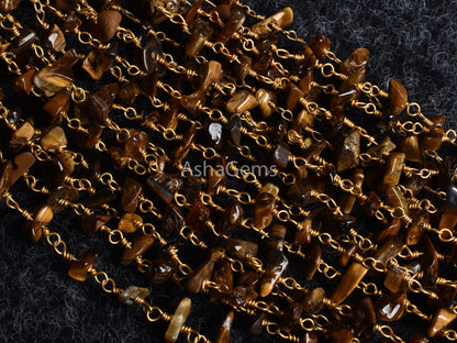 Natural Tiger Eye Uncut Chip Beads Rosary Chain Gold Plated Wire Wrap Handmade Chip Beaded Gemstone Nugget Chain for Jewelry Making Necklace