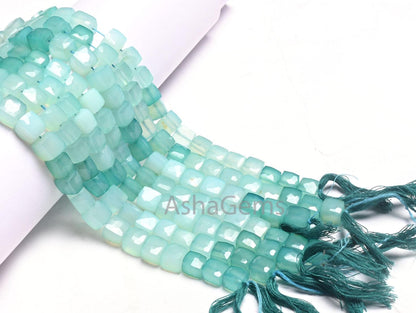 Beautiful Blue Chalcedony Faceted 3D Cube Box Gemstone Beads, Shaded Sky Blue Chalcedony Box Indian Cut Chalcedony Bead Jewelry making Craft
