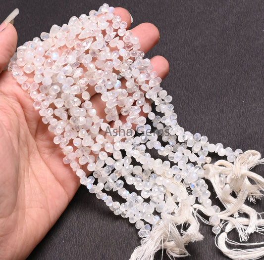 Natural Blue Flash Rainbow Moonstone Tiny Drops Shape Faceted Beads,9"Blue Fire White Rainbow Moonstone Teardrop Briolette Bead Jewelry SALE (AG 18940)