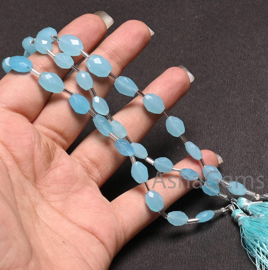 Beautiful Blue Chalcedony Hydro fancy Puff Oval Faceted Beads,10" Fine Chalcedony Blue Hydro Oval Briolette Straight Drill Bead Jewelry SALE