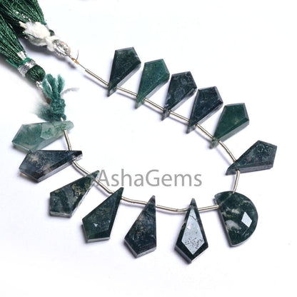 Natural Moss Green Agate fancy Long + 1 Piece D Shape faceted Beads, Rare Moss Agate Fancy Briolette Side Drill Gemstone Agate Beads Jewelry(AG 18610)