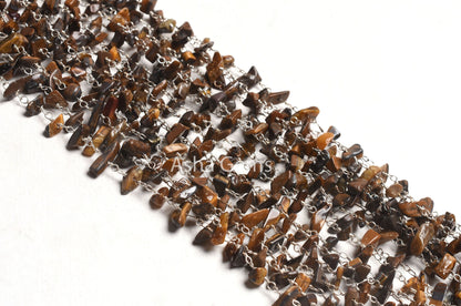 Natural Tiger Eye Uncut Chip Beads Rosary Chain Smooth Uneven Nugget Silver Plated Wire Beaded Chain Chip Gemstone Beads Chain Jewelry Craft
