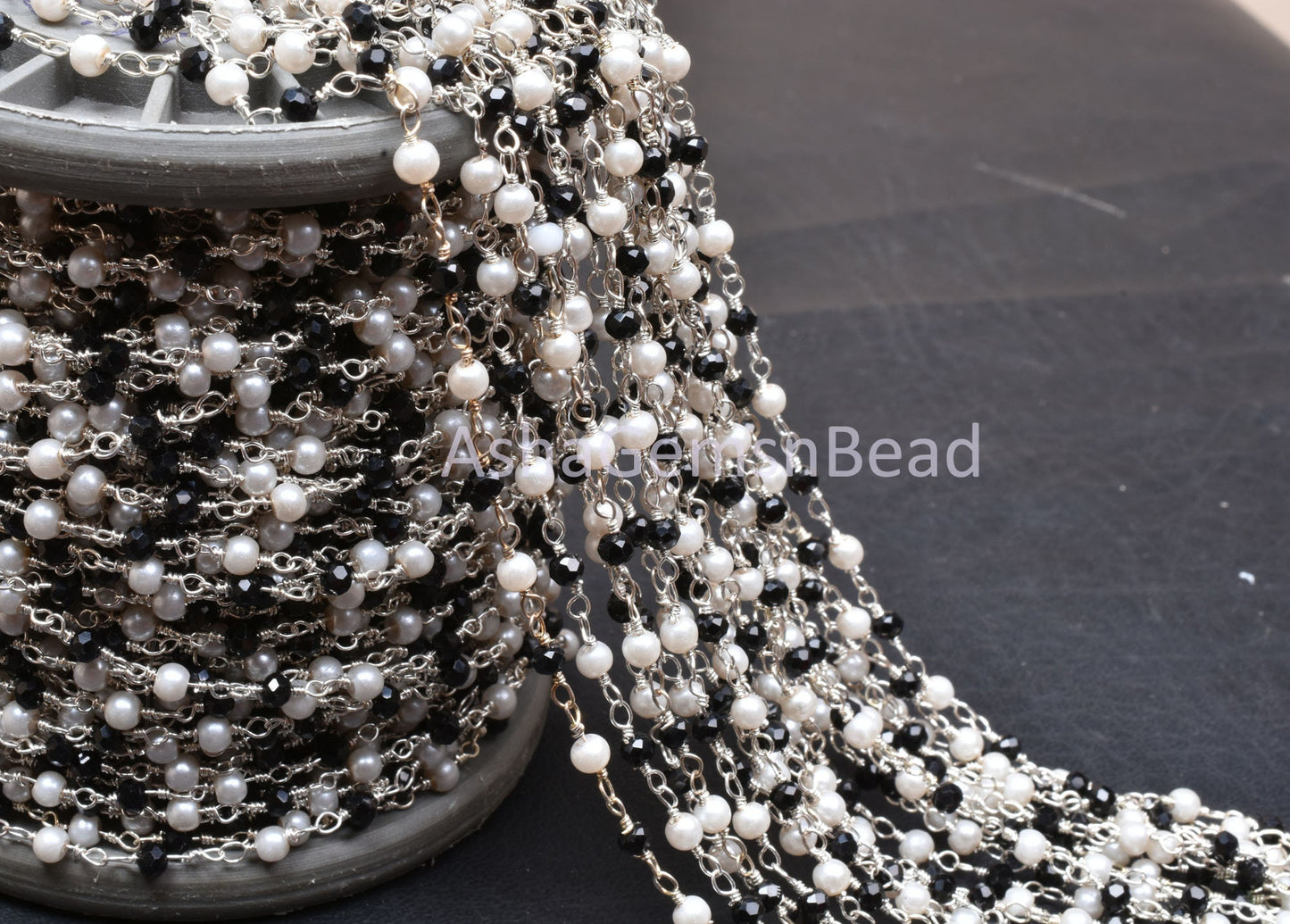 3,5,10,50 Feet Chain, Black spinel Hydro Pearl Beads Rosary Chain, Silver Plated Wire Bulk Roll Finding faceted Rondelle Beaded Rosary Chain