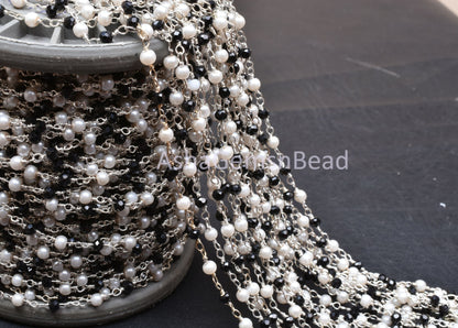 3,5,10,50 Feet Chain, Black spinel Hydro Pearl Beads Rosary Chain, Silver Plated Wire Bulk Roll Finding faceted Rondelle Beaded Rosary Chain