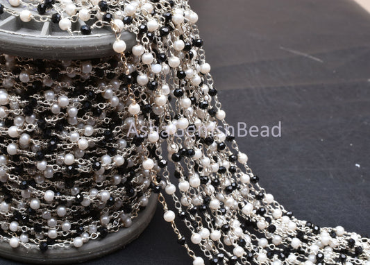 3,5,10,50 Feet Chain, Black spinel Hydro Pearl Beads Rosary Chain, Silver Plated Wire Bulk Roll Finding faceted Rondelle Beaded Rosary Chain
