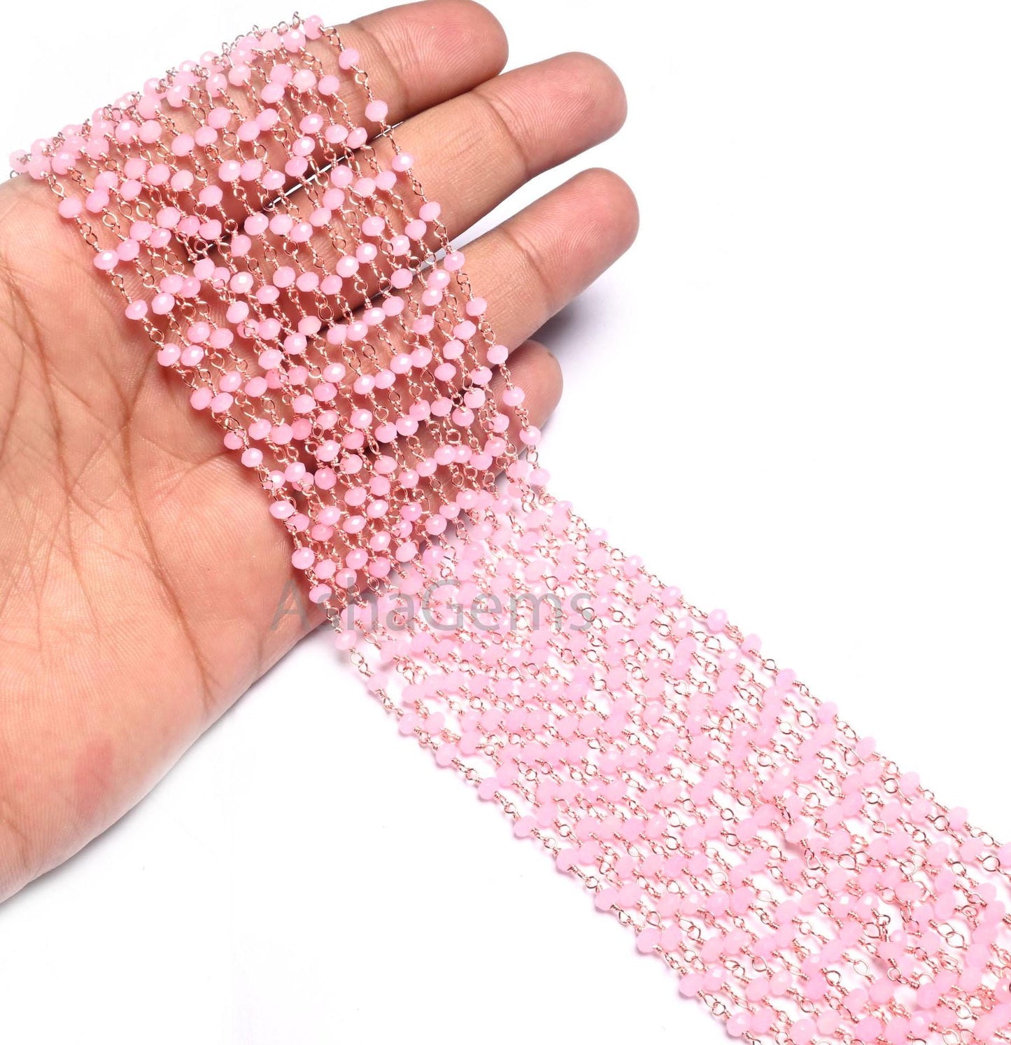 Beautiful Pink Rose Quartz Hydro Faceted Rondelle Beads Chain Bulk Roll Rosary Chain Rose Gold Plated Copper Wire Wrapped Chain Jewelry SALE
