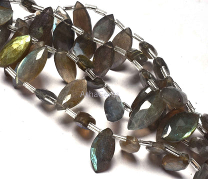labradorite Faceted Marquise Shape Beads,6" Strand Labradorite Side Drill Beads, Natural Multi Fire Black Rainbow Marquise Briolette Beads
