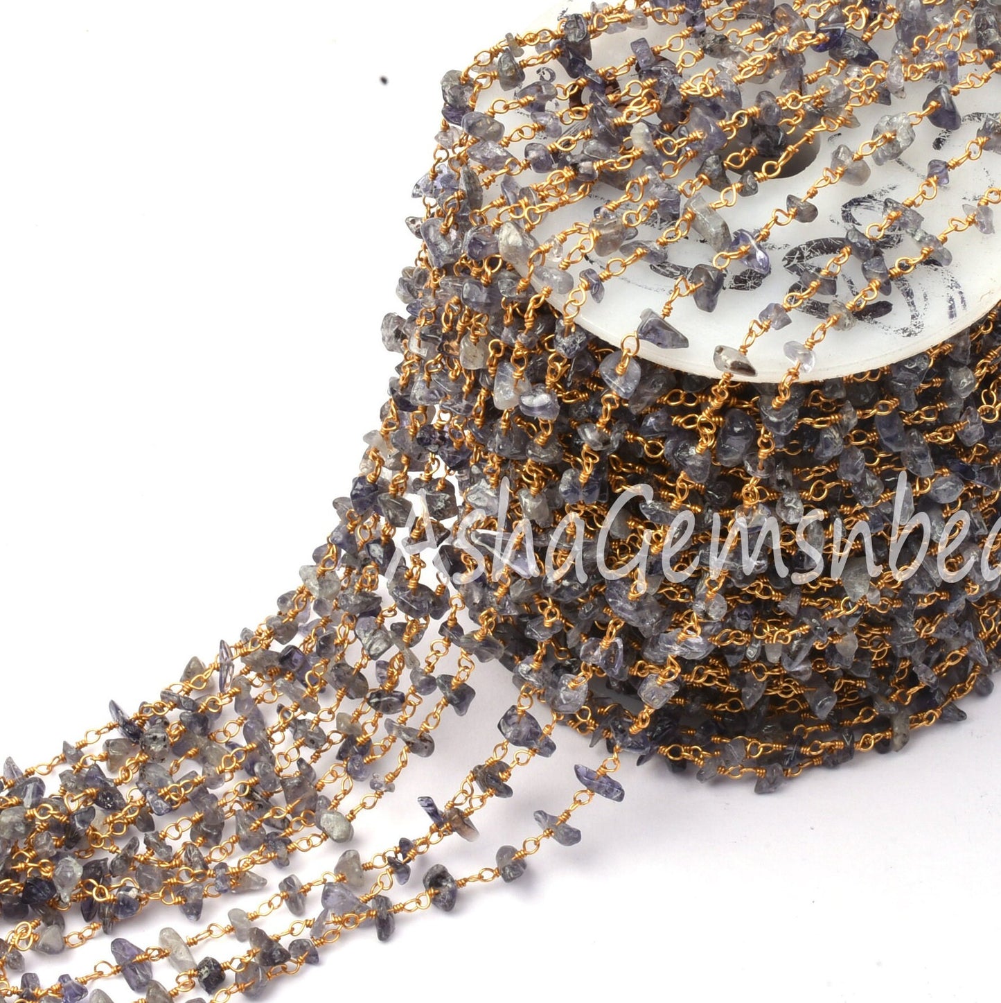 Natural Iolite Uncut Chip Beads Rosary Chain By Feet, Tiny Raw Rough Beaded Chain Gold Plated Wire Wrap Gemstone Chains Jewelry Making Craft