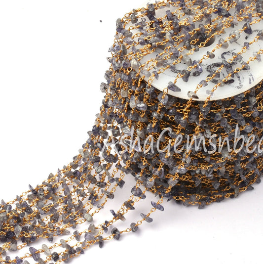 Natural Iolite Uncut Chip Beads Rosary Chain By Feet, Tiny Raw Rough Beaded Chain Gold Plated Wire Wrap Gemstone Chains Jewelry Making Craft