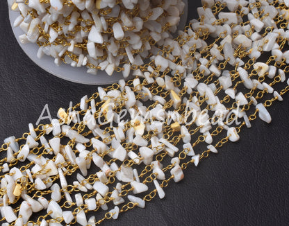 Natural White Opal Uncut Chip Beads Rosary Chain Gold Plated Wire Wrap Opal Gemstone Beaded Chain Handmade Rosary Necklace making Jewellrey