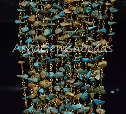 Natural Turquoise Uncut Chips Rosary Beaded Chain,Blue Turquoise Nugget Beads Rosary Chain,3,5,10 By Ft,Gold Plated Wire,Bulk Roll,Jewelry