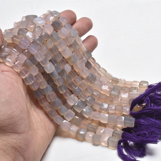 Shaded Peach Grey Chalcedony Faceted 3D Cube Box Beads,8" Fine Chalcedony Cube Gemstone Beads, Chalcedony Indian Cut Bead Jewelry Craft SALE