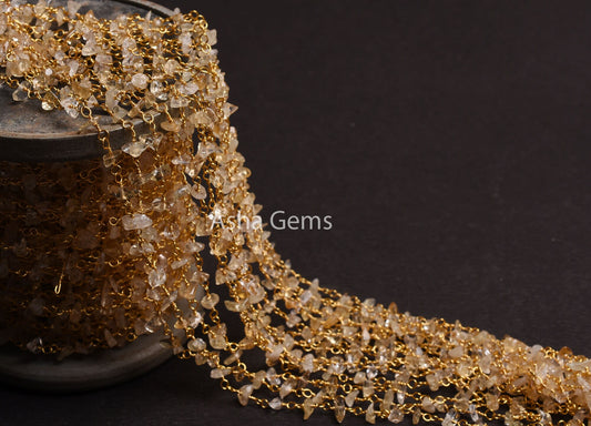 1,5,10,25 Feet Natural citrine Uncut Chip Beads Chain Gold Silver Plated Wire Wrapped Bulk Rosary Chain Citrine Uncut Beaded Chain Craft