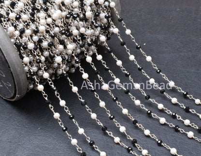 3,5,10,50 Feet Chain, Black spinel Hydro Pearl Beads Rosary Chain, Silver Plated Wire Bulk Roll Finding faceted Rondelle Beaded Rosary Chain