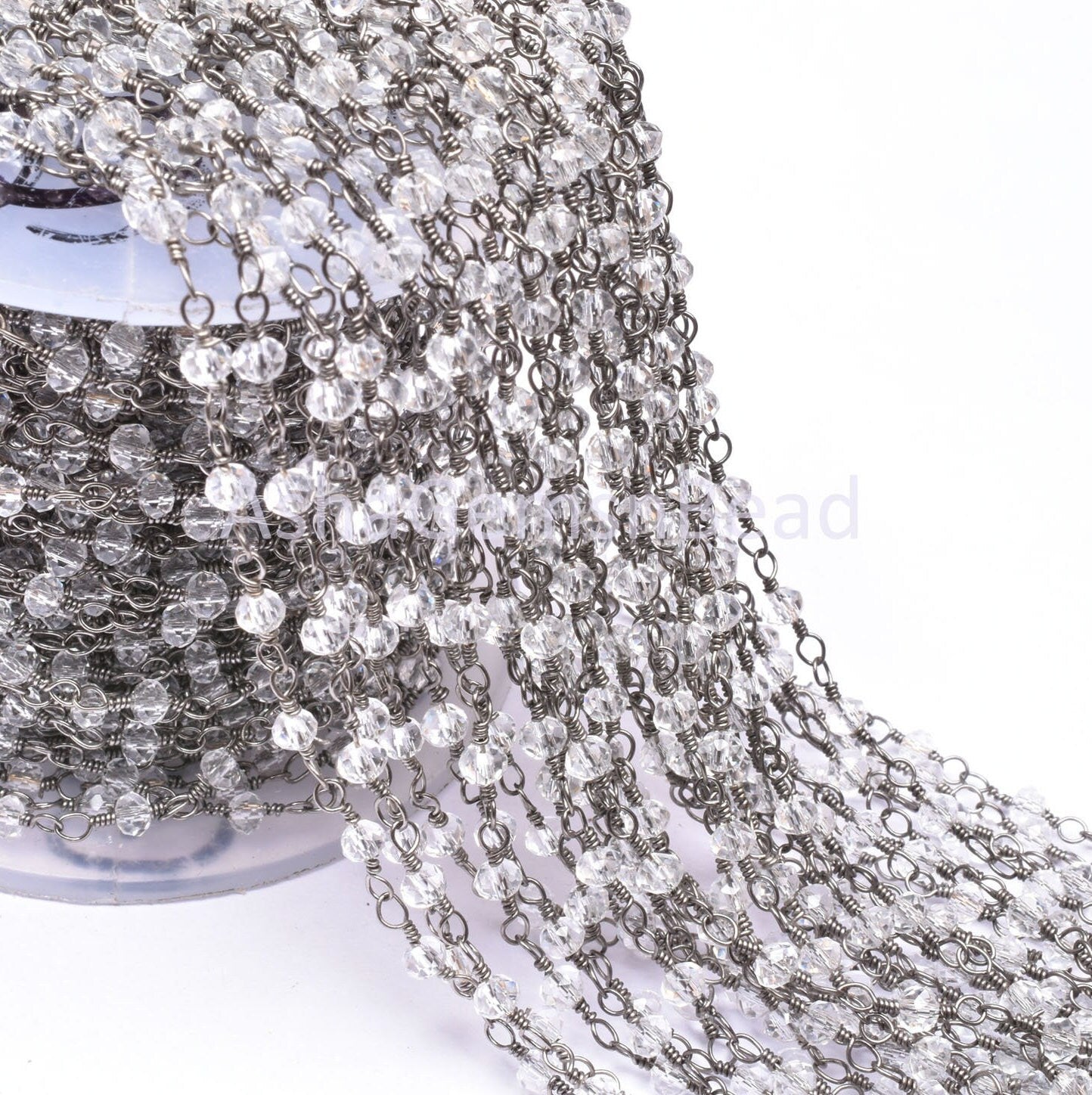 3,5,10,25 Feet,Crystal Quartz Hydro Rondelle Faceted Beads Rosary Chain, Black Plated Wire Jewelry Chain,Finding,3.5mm,Beaded Chain Gunmetal