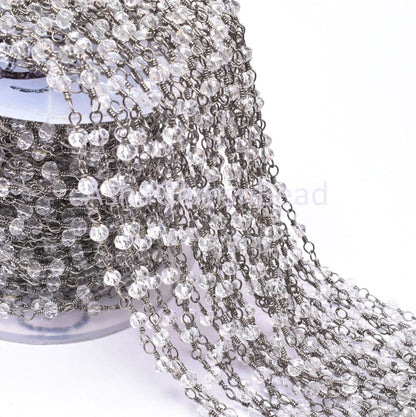 3,5,10,25 Feet,Crystal Quartz Hydro Rondelle Faceted Beads Rosary Chain, Black Plated Wire Jewelry Chain,Finding,3.5mm,Beaded Chain Gunmetal