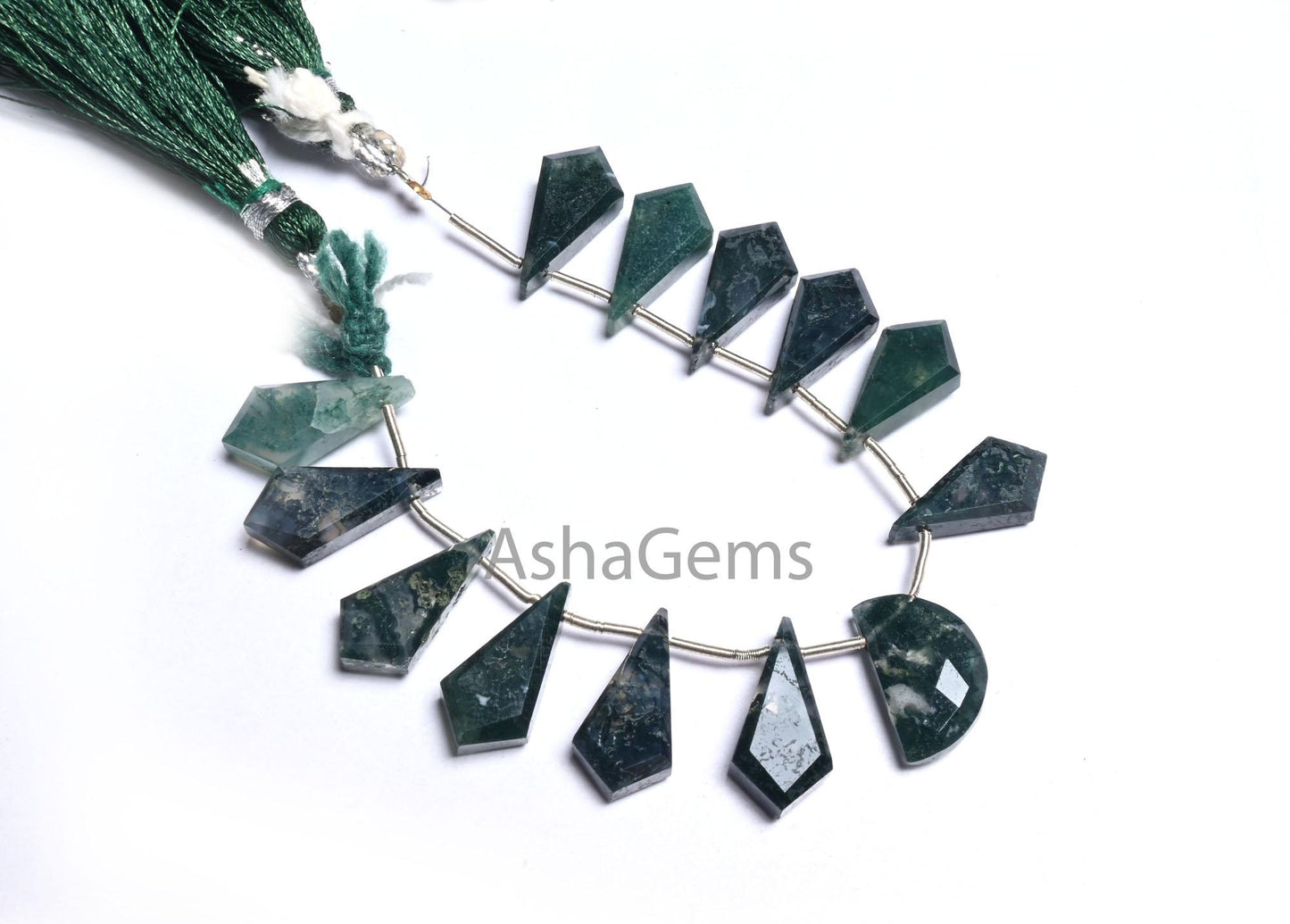Natural Moss Green Agate fancy Long + 1 Piece D Shape faceted Beads, Rare Moss Agate Fancy Briolette Side Drill Gemstone Agate Beads Jewelry(AG 18610)