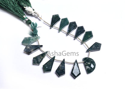 Natural Moss Green Agate fancy Long + 1 Piece D Shape faceted Beads, Rare Moss Agate Fancy Briolette Side Drill Gemstone Agate Beads Jewelry(AG 18610)