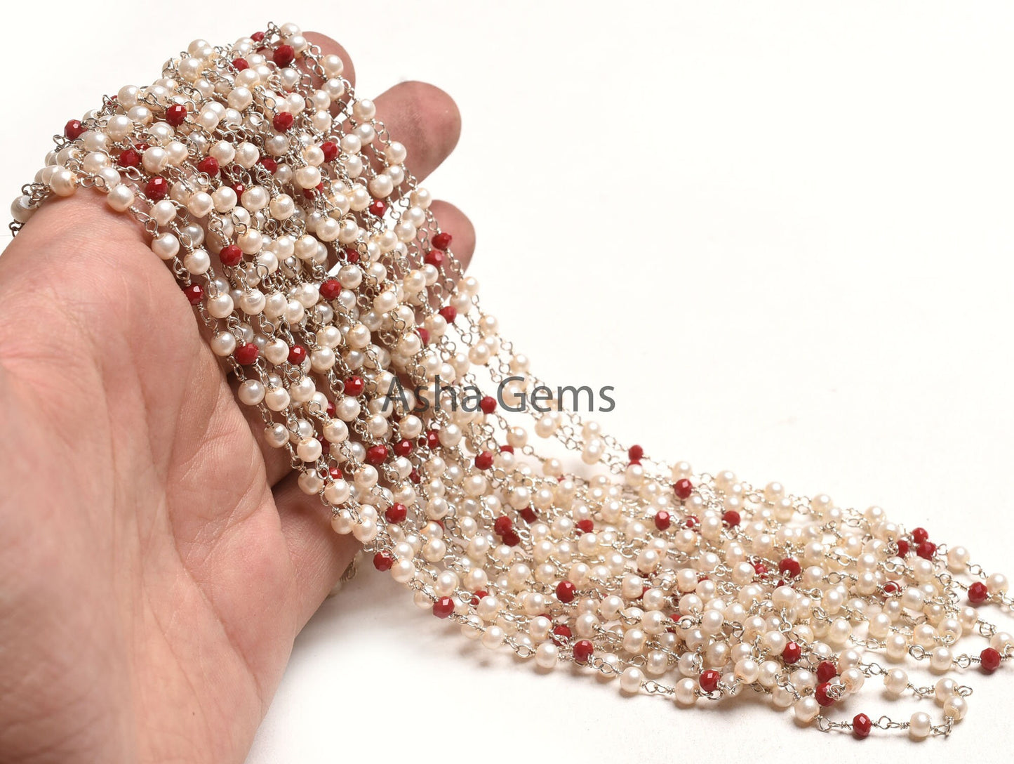 Pearl Red Ruby Hydro Rondelle Beads Rosary Chain, Silver Plated Wire Bulk Roll Multi Color Chain,3,10,50 Foot Chain For jewelry Making Craft