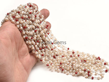 Pearl Red Ruby Hydro Rondelle Beads Rosary Chain, Silver Plated Wire Bulk Roll Multi Color Chain,3,10,50 Foot Chain For jewelry Making Craft