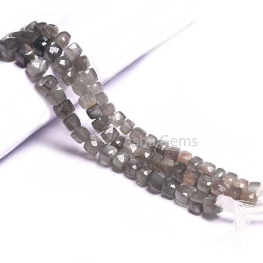 Natural Grey Moonstone Faceted 3D Cube Box Shape Gemstone Beads,10" Strand Moonstone Cube Beads, Grey Moonstone Beads Jewelry Making Crafts