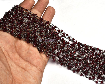 3,10,50 Feet Bulk Roll Garnet Micro Cut Faceted Beads Rosary Chain Gunmetal Rondelle Beaded Chain Black Plated Wire Wrap Chain Jewelry Craft