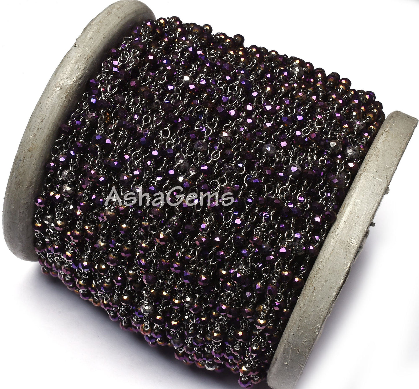 3,5,10,25 Ft Purple Mystic Pyrite Hydro Faceted Rondelle Beaded Rosary Chain Black Plated Wire Wrapped Chain, Jewelry Making Finding 3.5 mm