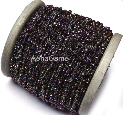 3,5,10,25 Ft Purple Mystic Pyrite Hydro Faceted Rondelle Beaded Rosary Chain Black Plated Wire Wrapped Chain, Jewelry Making Finding 3.5 mm