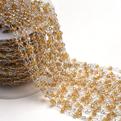 AAA Quality Brown Quartz Hydro Silver Coated Beads Rosary Chain, Silver Plated Wire Faceted Rondelle Beads handmade Chain Jewelry Craft SALE