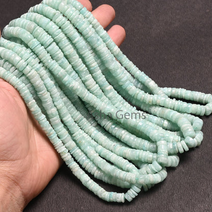 Beautiful Amazonite Smooth Heishi Tyre shape beads, Natural Blue Amazonite Flat Wheel Handmade Gemstone Amazonite Center Drill beads Jewelry