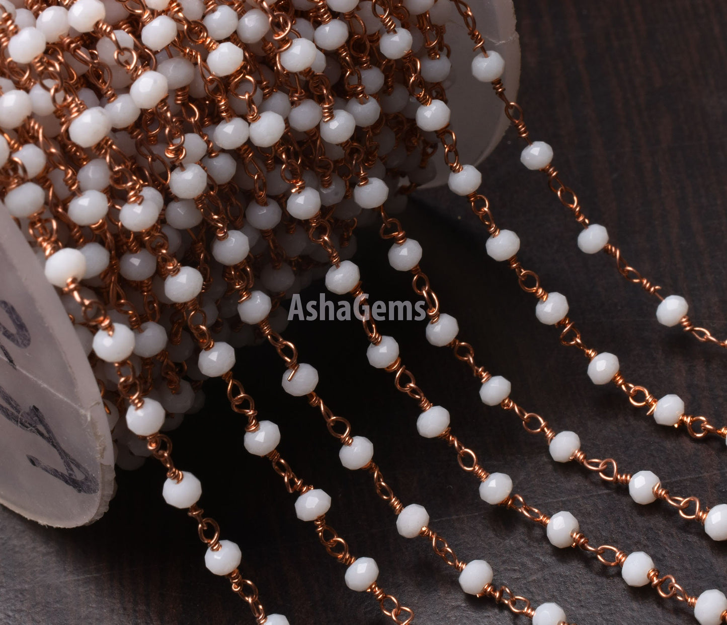 White Agate Hydro Rondelle Faceted Beads Rosary Chain,3.5 mm Rose Gold Plated Copper Wire Wrap handmade Beaded Chain Jewelry Making Necklace