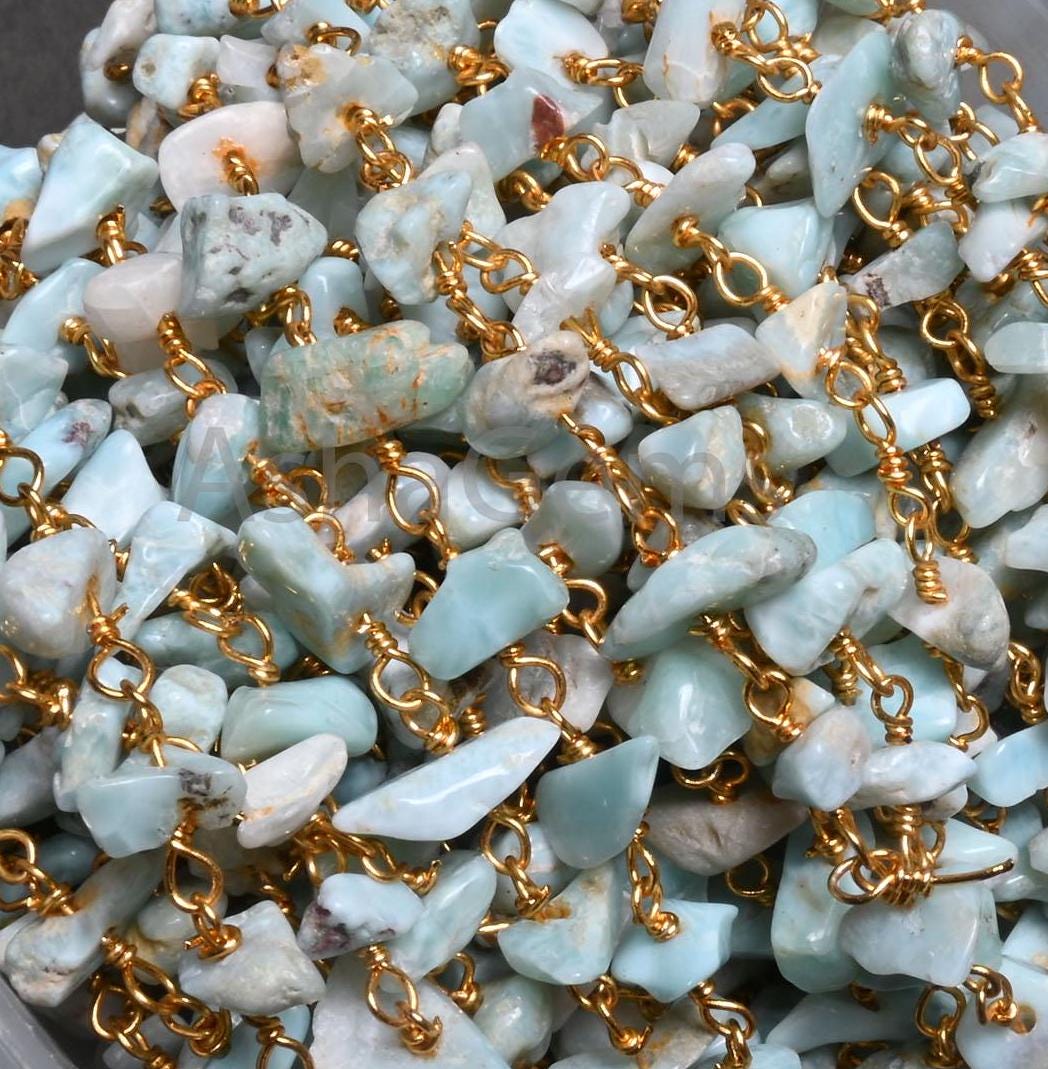 3,5,10,25,Ft Natural Blue Larimar Uncut Chip Beads Rosary Chain Gemstone Beads Chain,Smooth Nugget Beaded Chain,Gold Plated Wire,Finding,