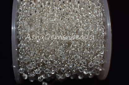 3,5,10,25 Feet,Crystal Quartz Hydro Rondelle Faceted Beads Rosary Chain,Silver Plated Wire,Jewelry Making Craft,Finding,3-3.5mm,Beaded Chain