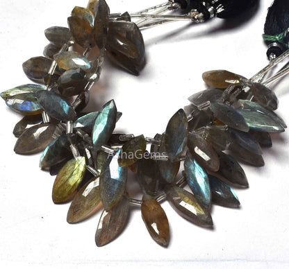 labradorite Faceted Marquise Shape Beads,6" Strand Labradorite Side Drill Beads, Natural Multi Fire Black Rainbow Marquise Briolette Beads