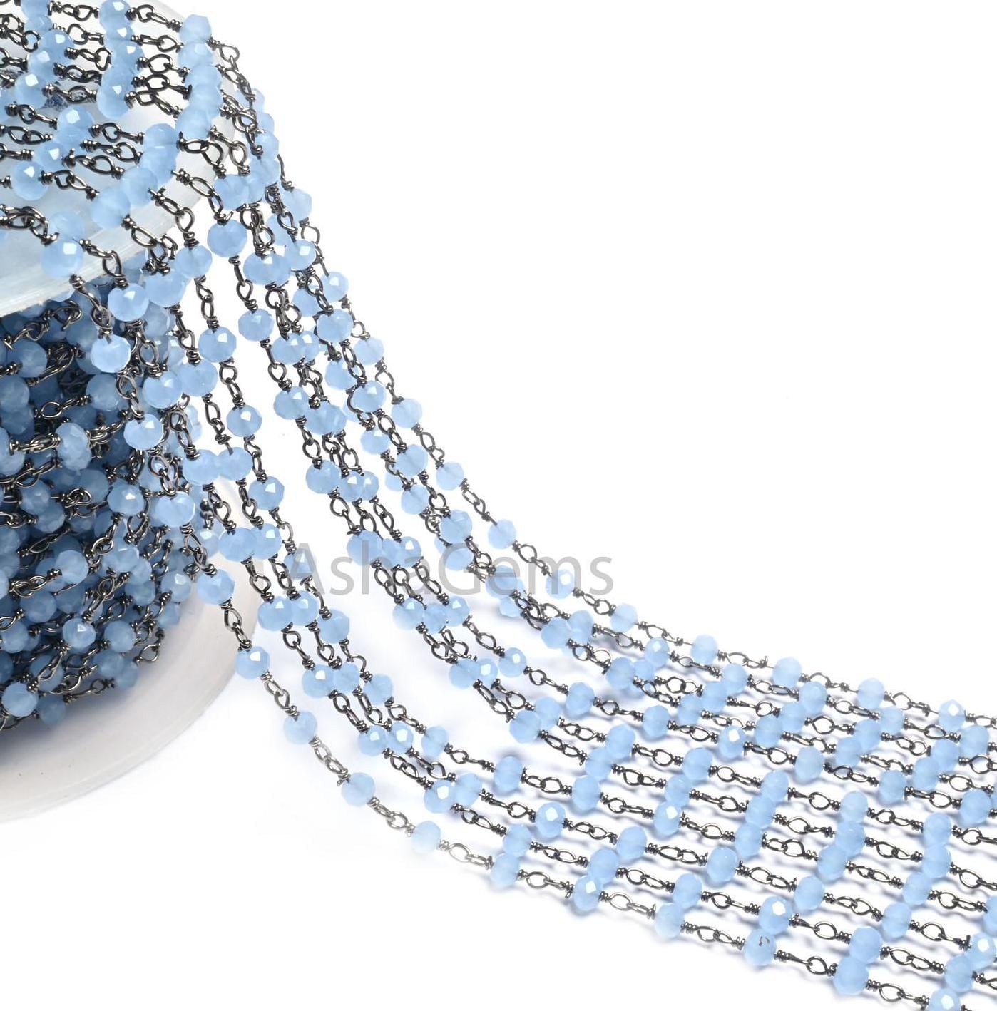 Fine Aqua Blue Chalcedony Hydro Rondelle Faceted Beads Rosary Chain,3mm Black Metal Plated Wire Wrap Beaded Gunmetal Chains Jewelry Necklace